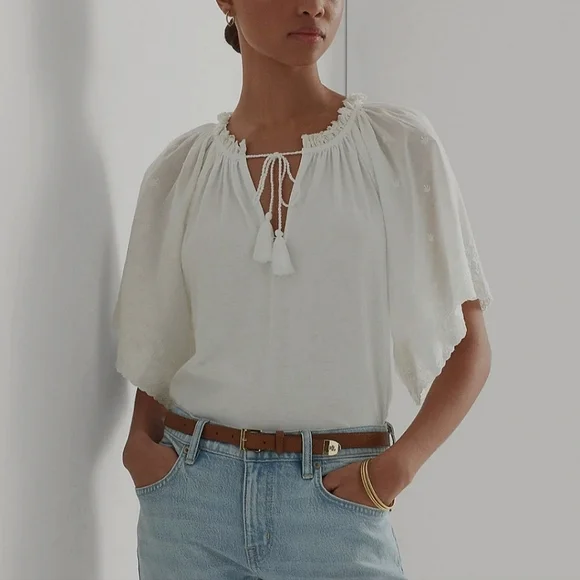 (取寄) ローレン ラルフローレン レディース レーストリム ジャージ フラッタースリーブ ティー Lauren Ralph Lauren women Lace-trim Jersey Flutter-sleeve Tee White Jersey Flutter Ralph Lauren Flutter Sleeve Top Ralph Lauren Womens